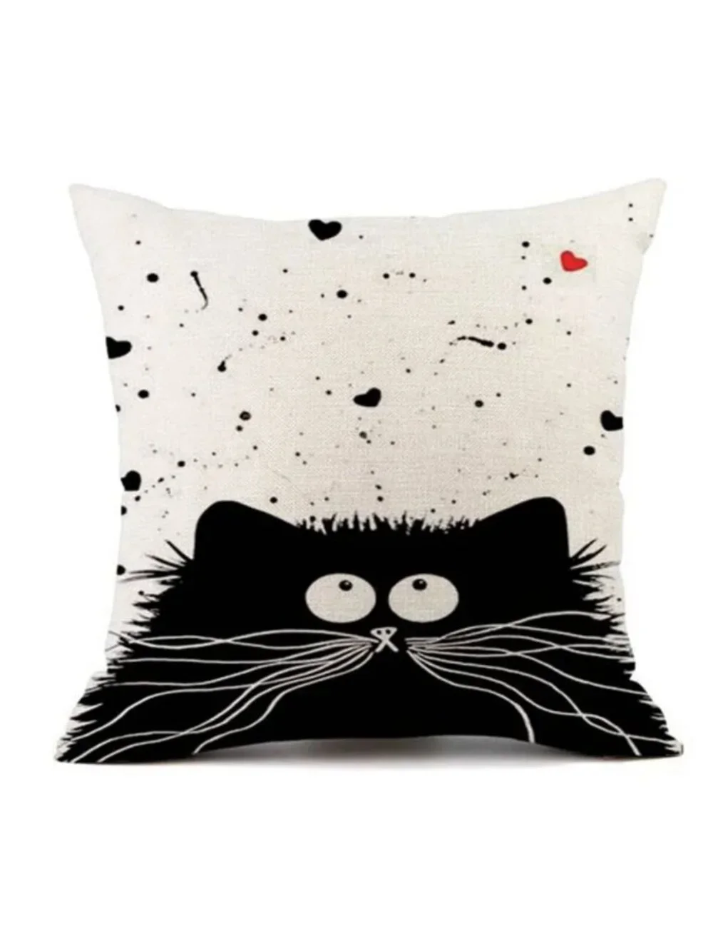 Cute Fluffy Black Heart Confetti Cat Linen Pillow Cover 18